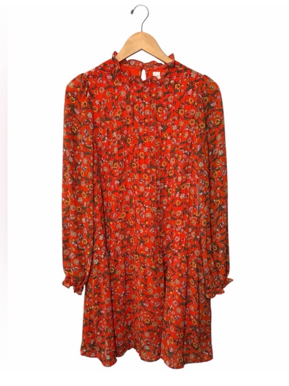 Melloday Red Floral Pintuck Ruffle Drop Waist Mini Dress Size XS NWT Long Sleeve